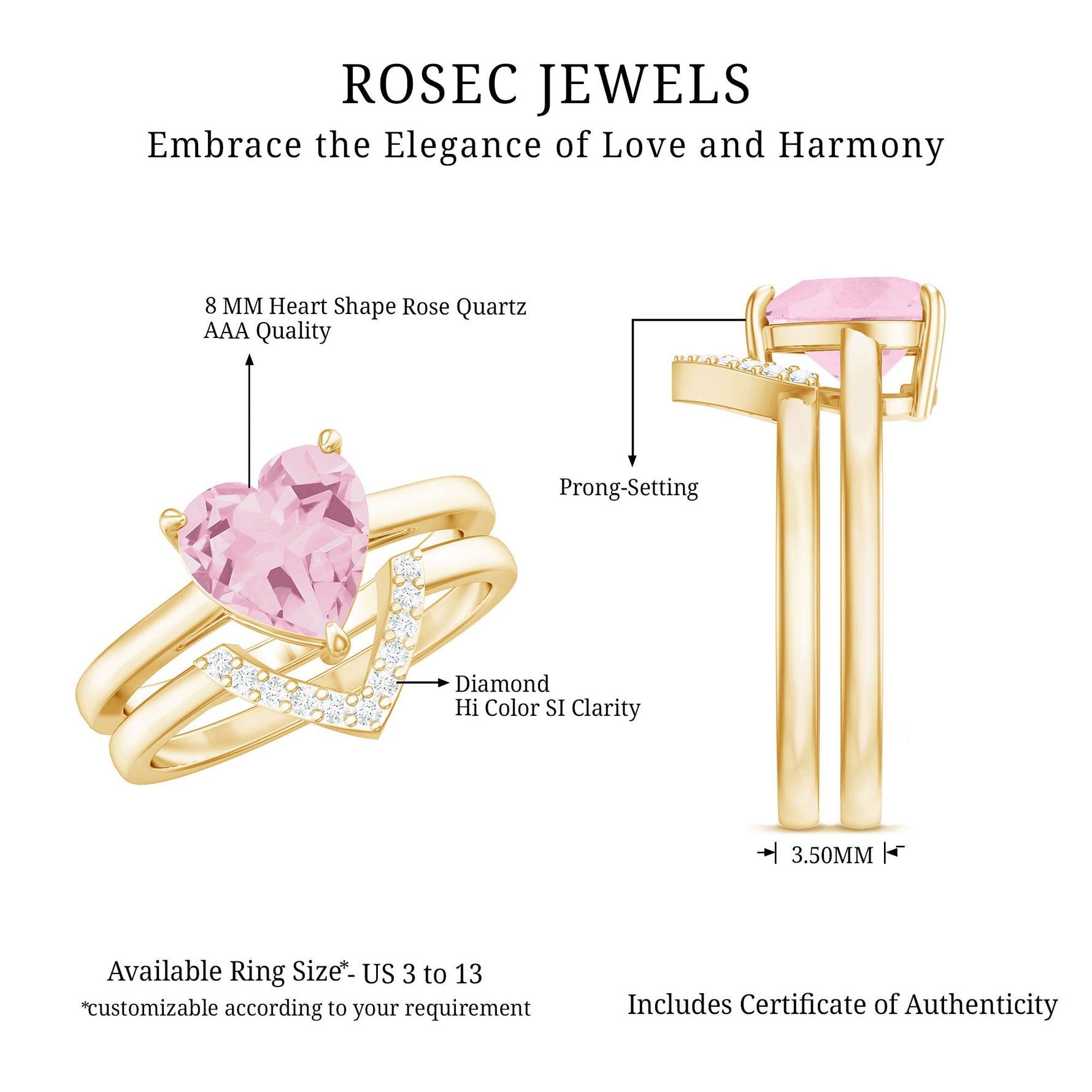 Heart Shape Rose Quartz Wedding Ring Set with Diamond