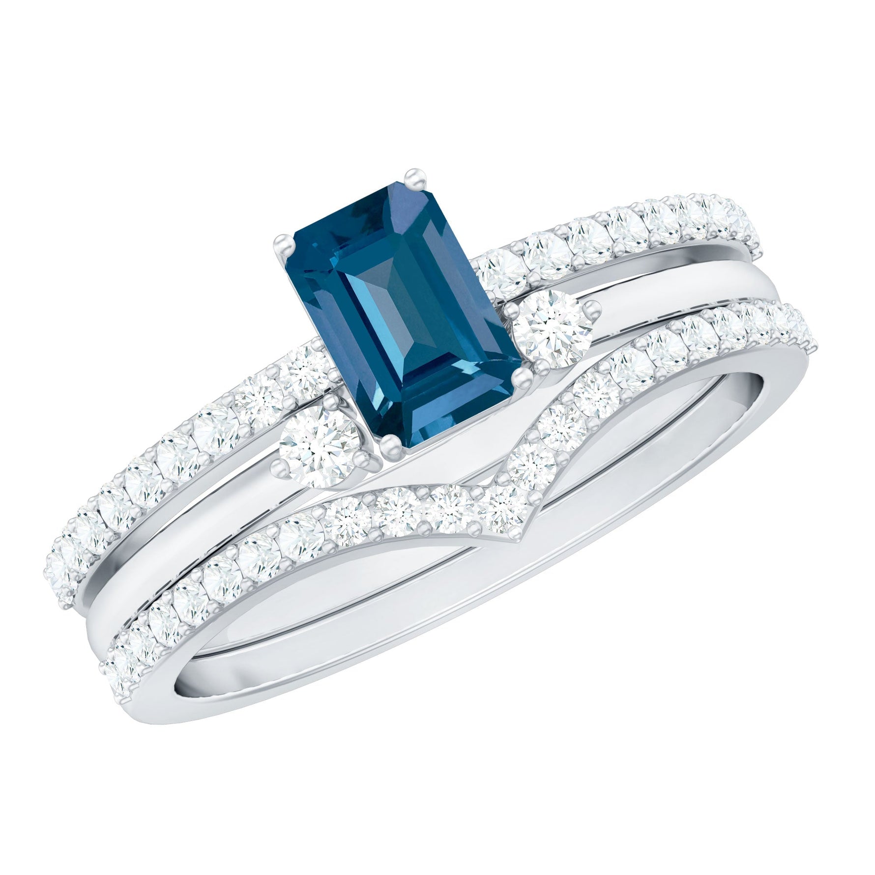 4X6mm Emerald Cut London Blue Topaz Curved Wedding Ring Set with Certificate