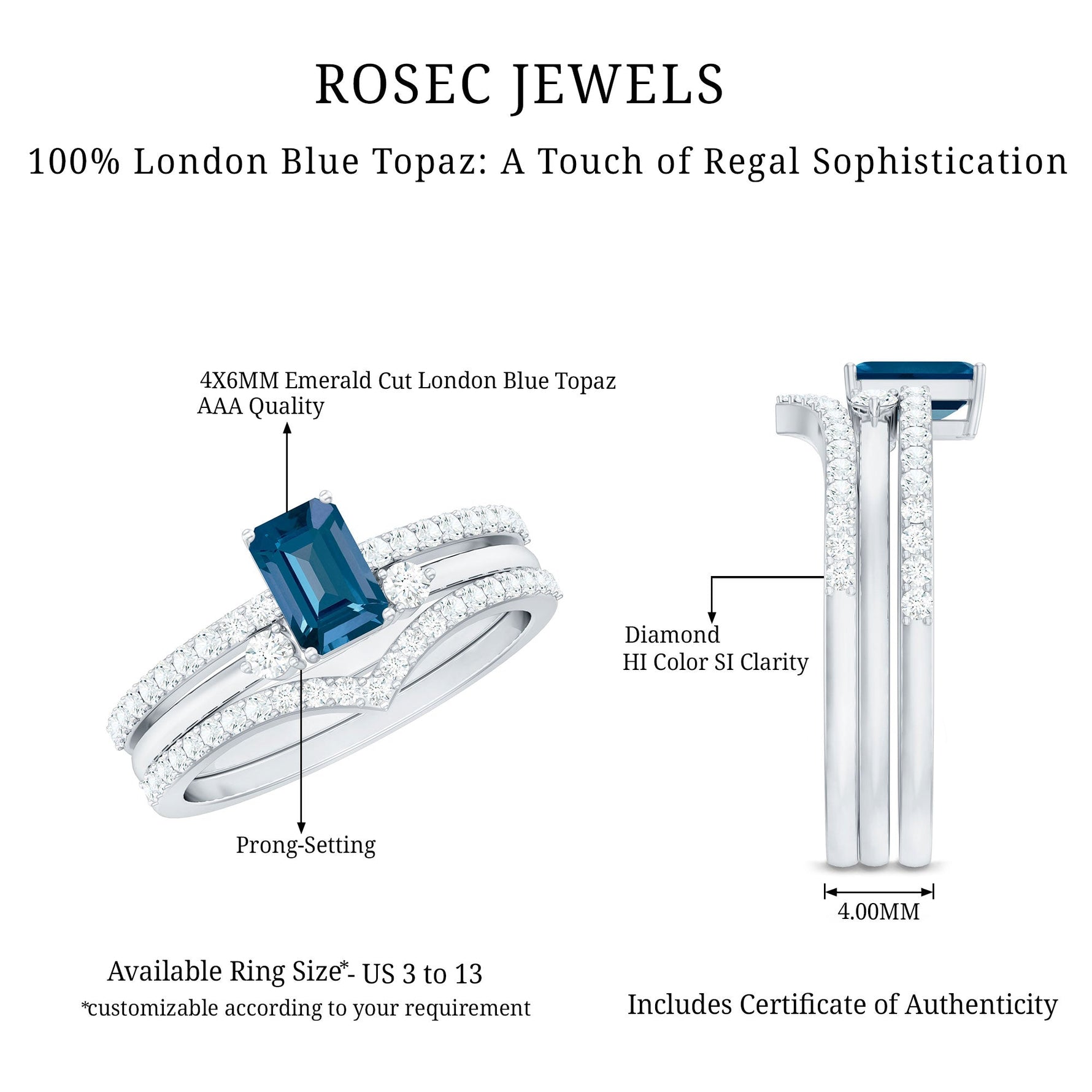 4X6mm Emerald Cut London Blue Topaz Curved Wedding Ring Set with Certificate