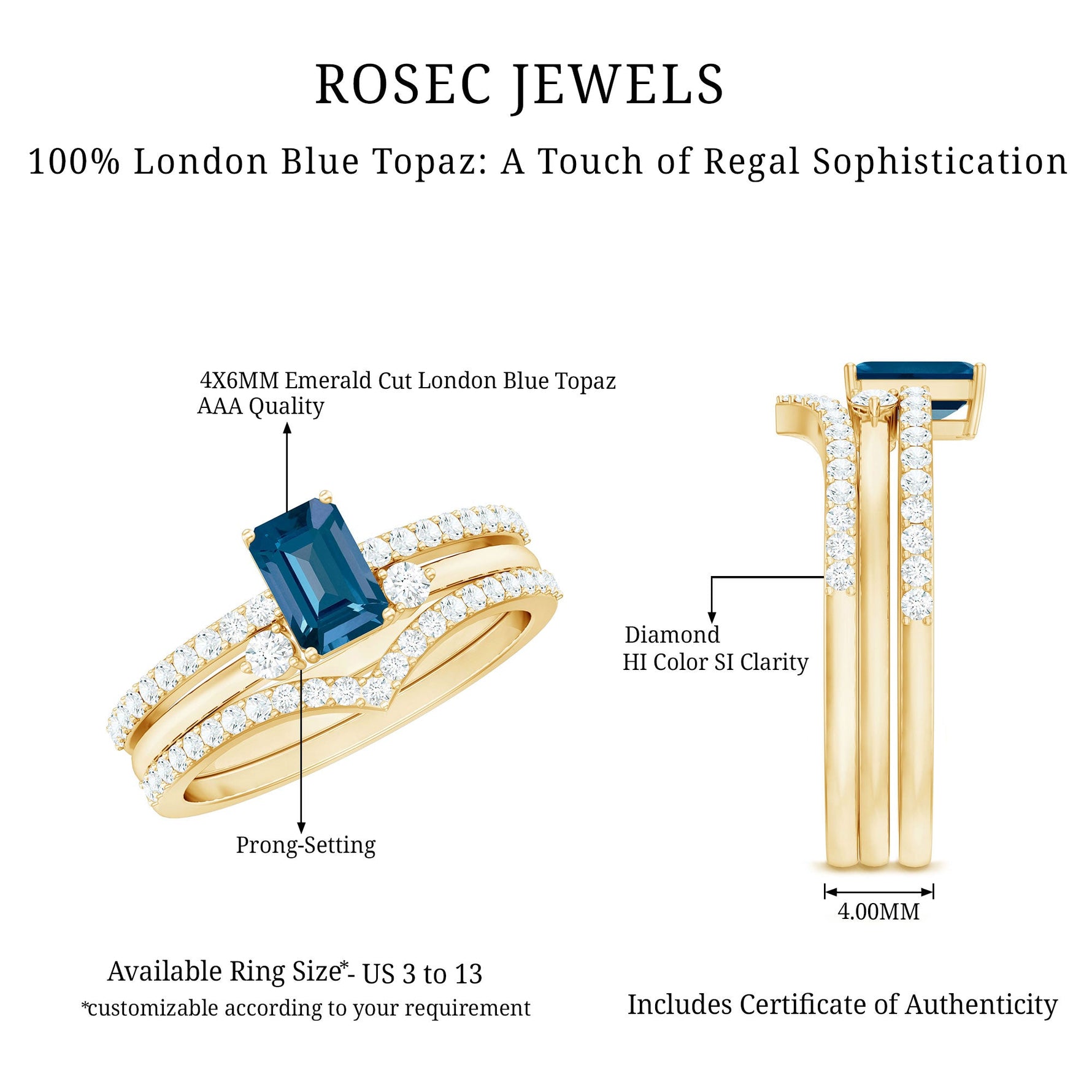 4X6mm Emerald Cut London Blue Topaz Curved Wedding Ring Set with Certificate