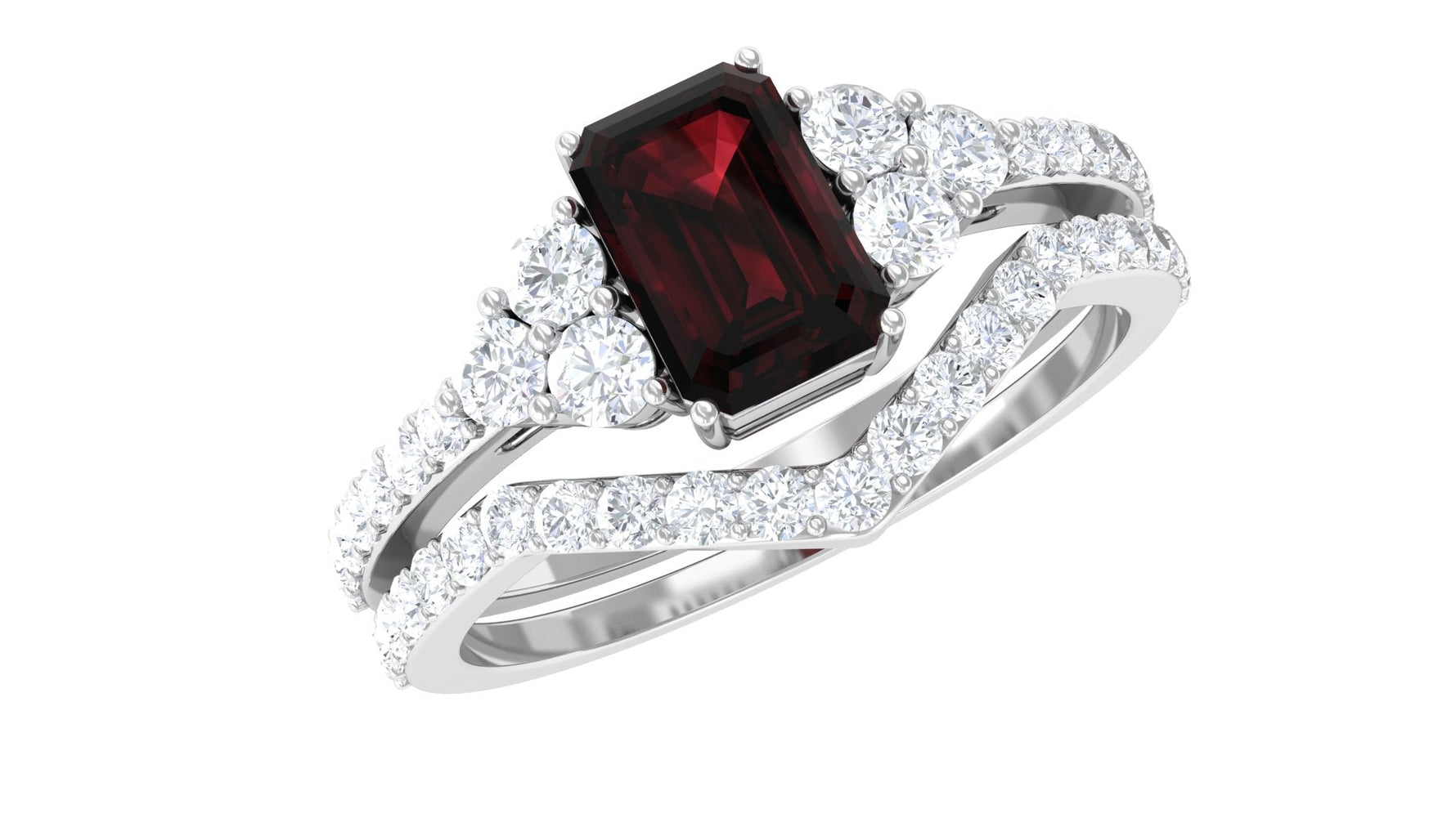 Natural Garnet Diamond Emerald Cut Engagement Wedding Ring Set