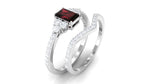Natural Garnet Diamond Emerald Cut Engagement Wedding Ring Set