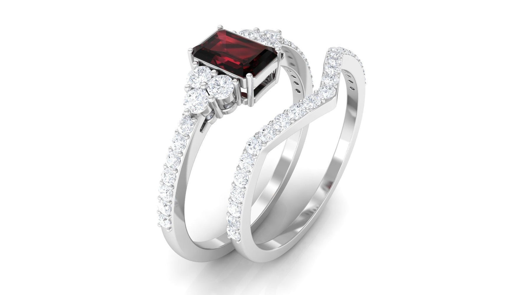 Natural Garnet Diamond Emerald Cut Engagement Wedding Ring Set