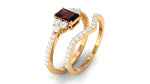 Natural Garnet Diamond Emerald Cut Engagement Wedding Ring Set