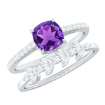 Cushion Cut Amethyst Wedding Ring Set with Diamond