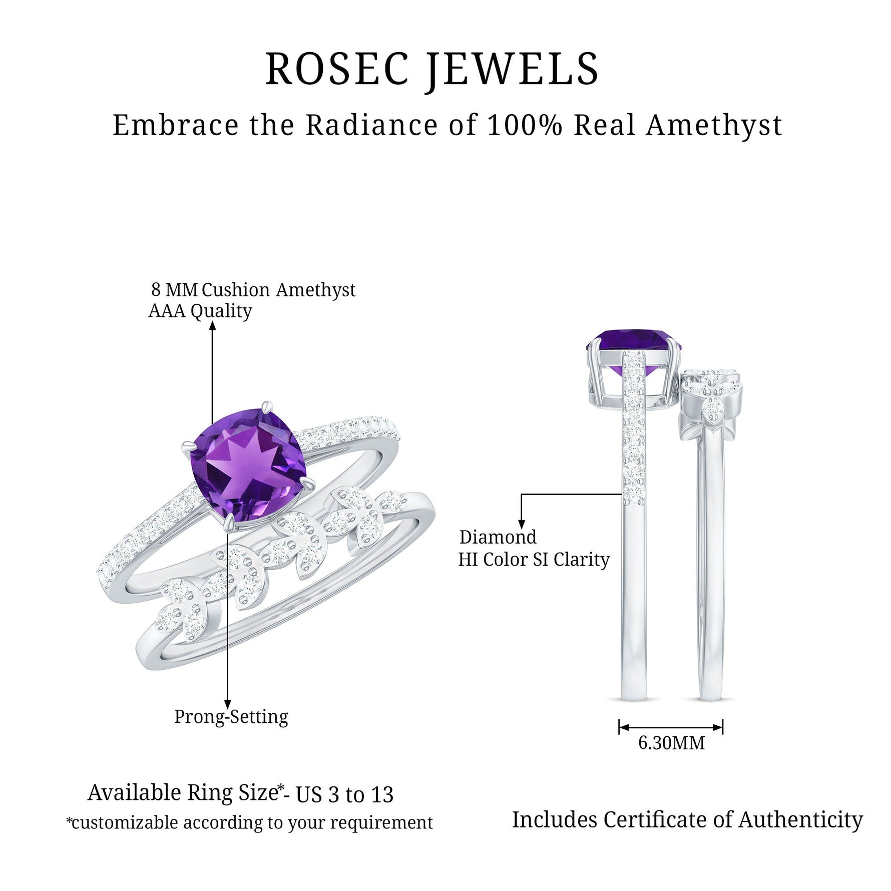 Cushion Cut Amethyst Wedding Ring Set with Diamond