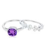 Cushion Cut Amethyst Wedding Ring Set with Diamond