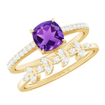 Cushion Cut Amethyst Wedding Ring Set with Diamond