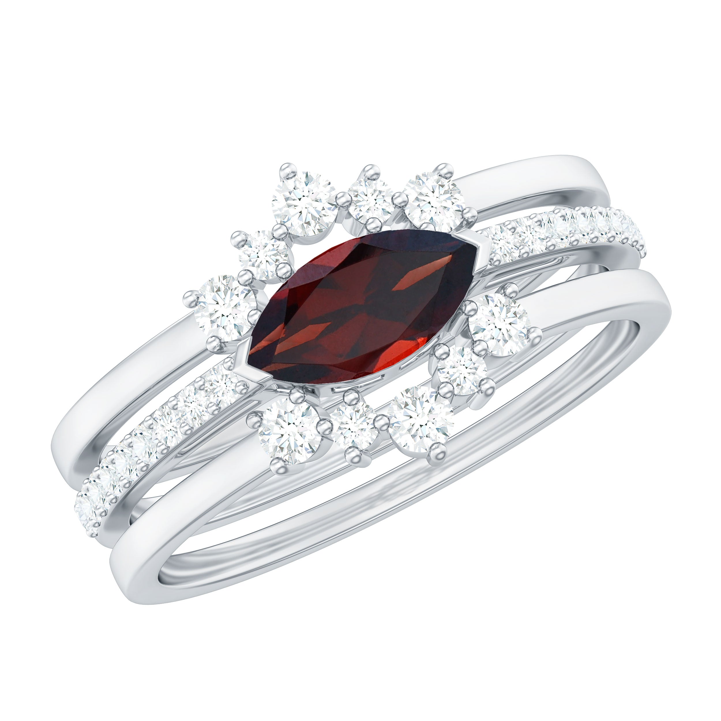 Natural Garnet Marquise Engagement Wedding Ring Set of 3 with Diamond