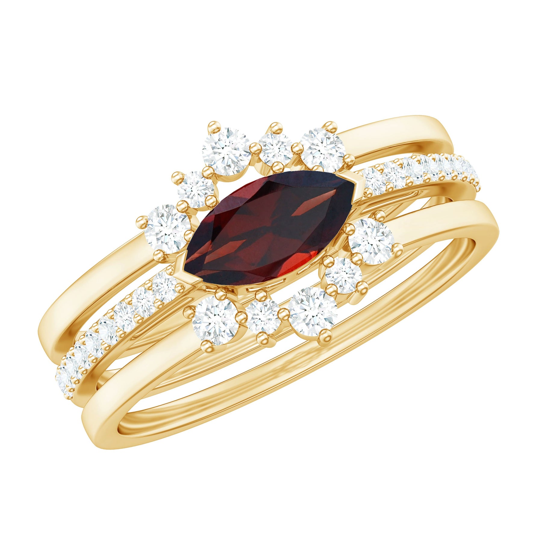 Natural Garnet Marquise Engagement Wedding Ring Set of 3 with Diamond