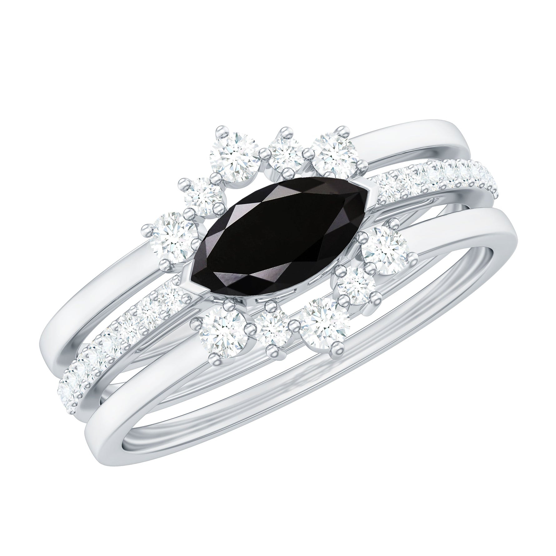 East West Set Black Onyx and Diamond Trio Wedding Ring Set