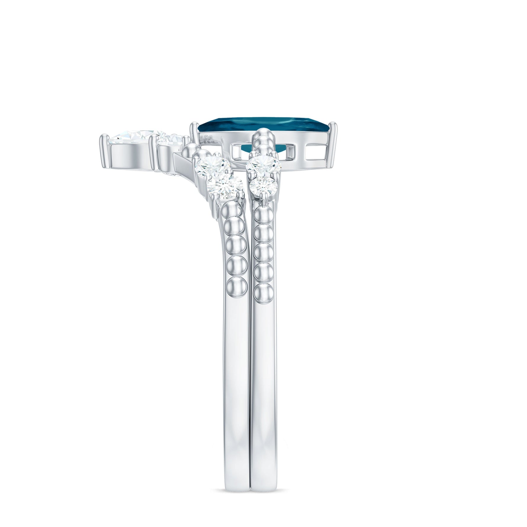 London Blue Topaz and Diamond Wedding Ring Set with Beaded Details