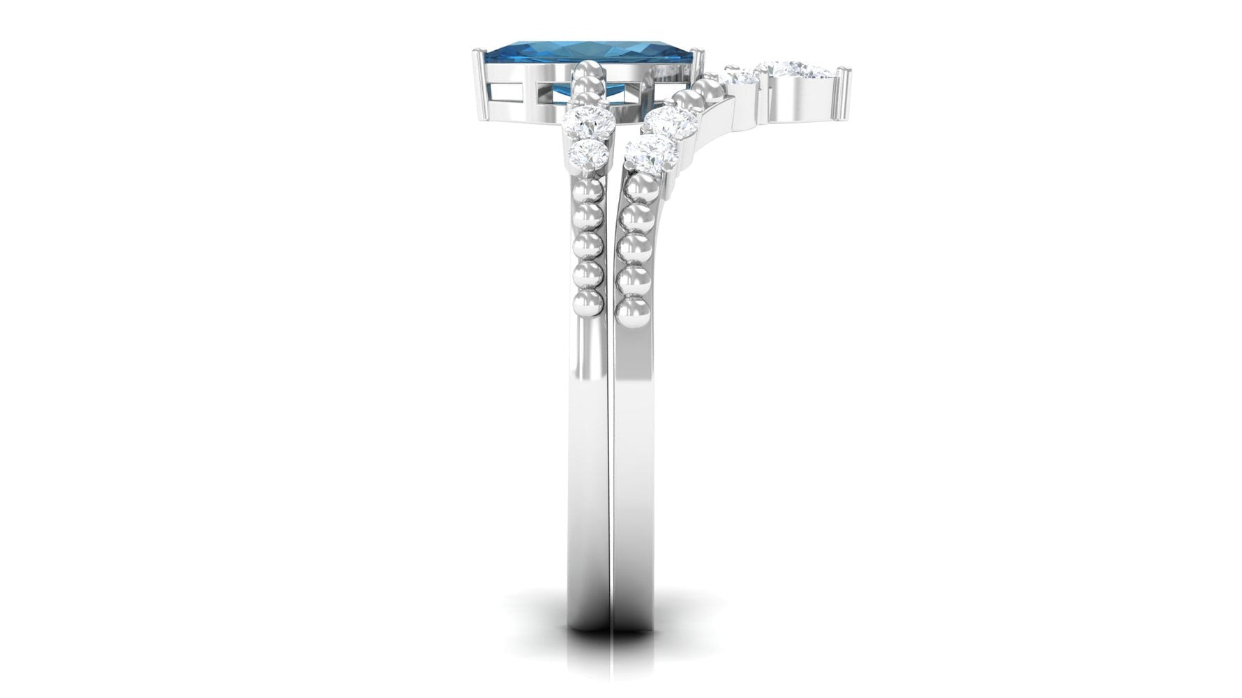 London Blue Topaz and Diamond Wedding Ring Set with Beaded Details