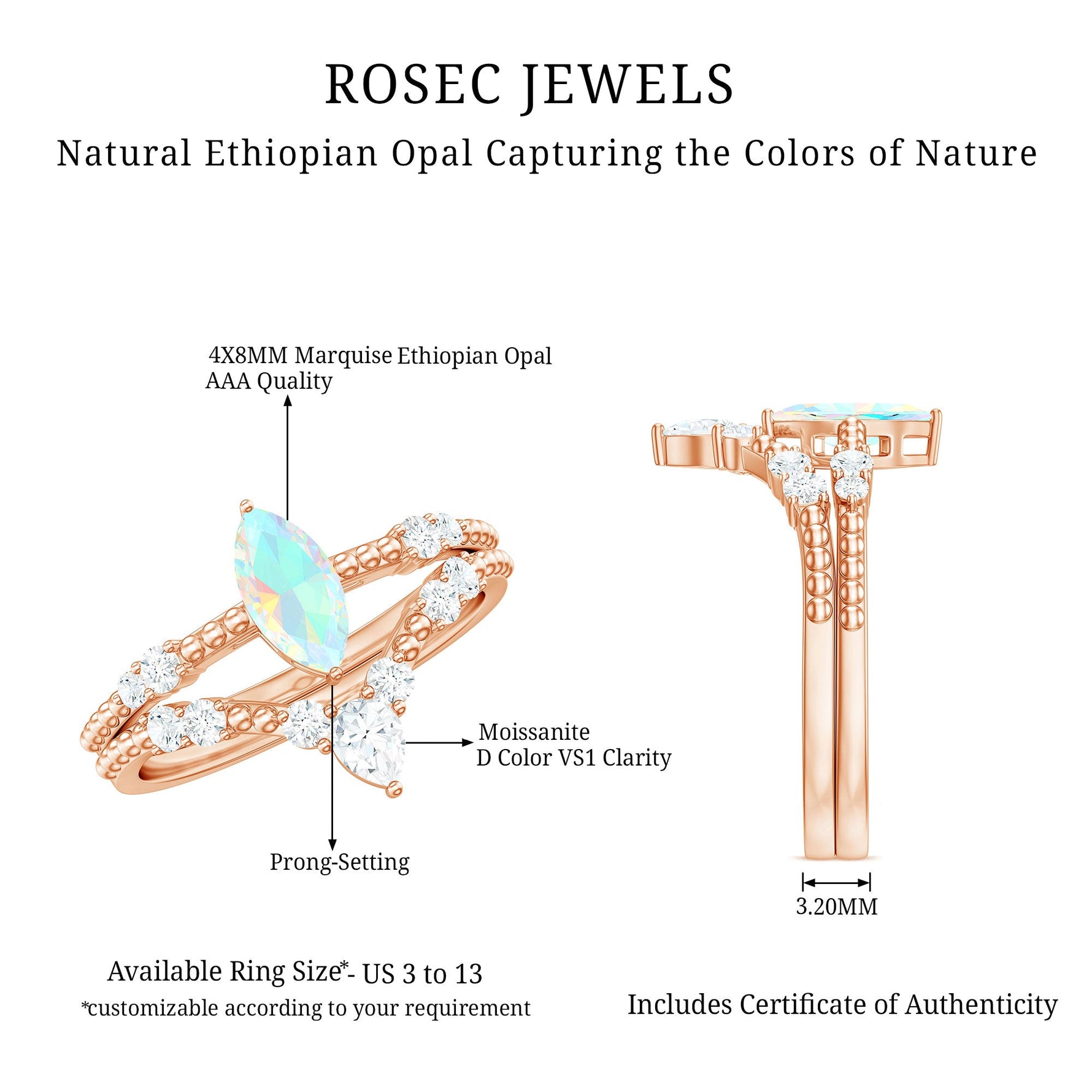 Certified Real Ethiopian Opal Marquise Engagement Wedding Ring Set of 2