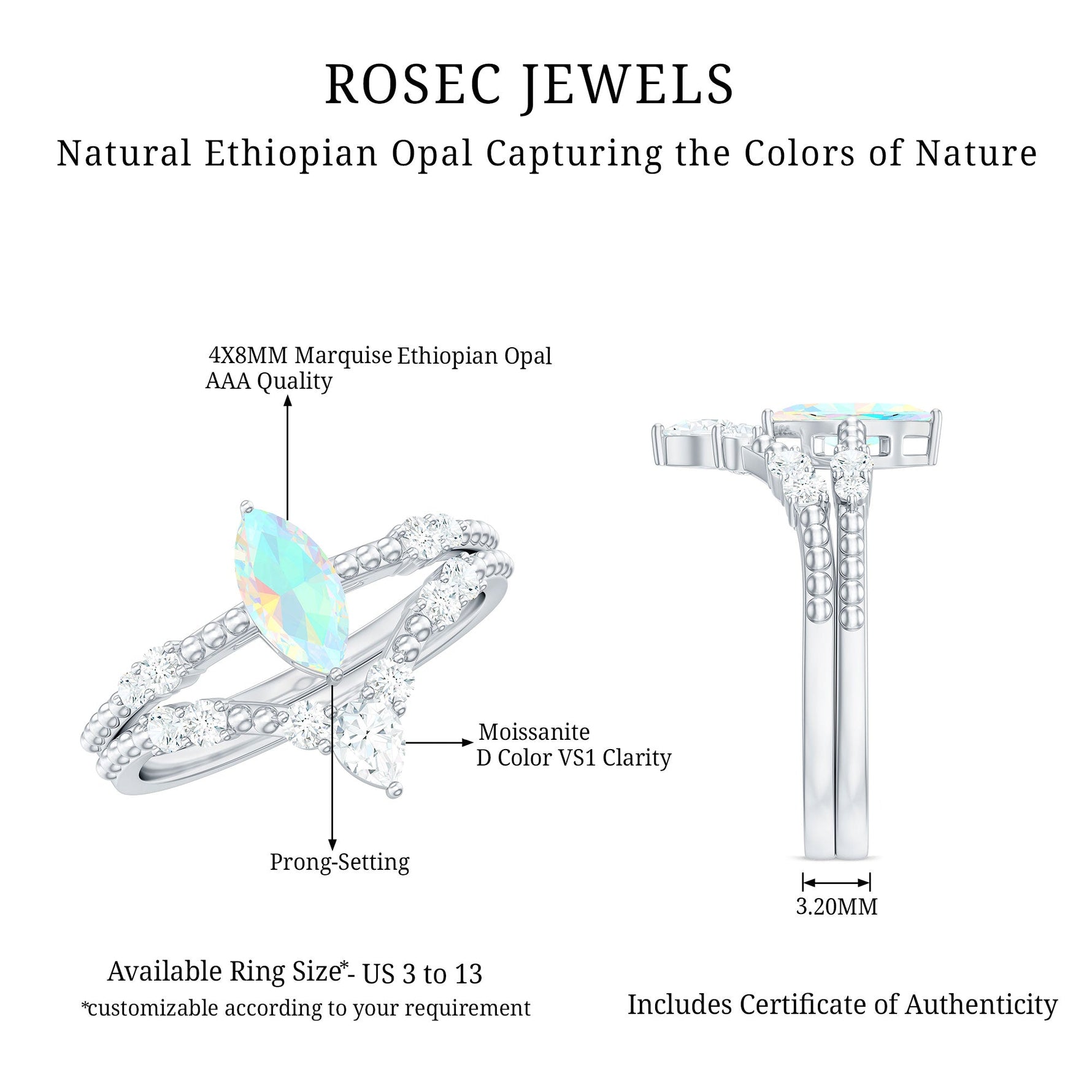 Certified Real Ethiopian Opal Marquise Engagement Wedding Ring Set of 2