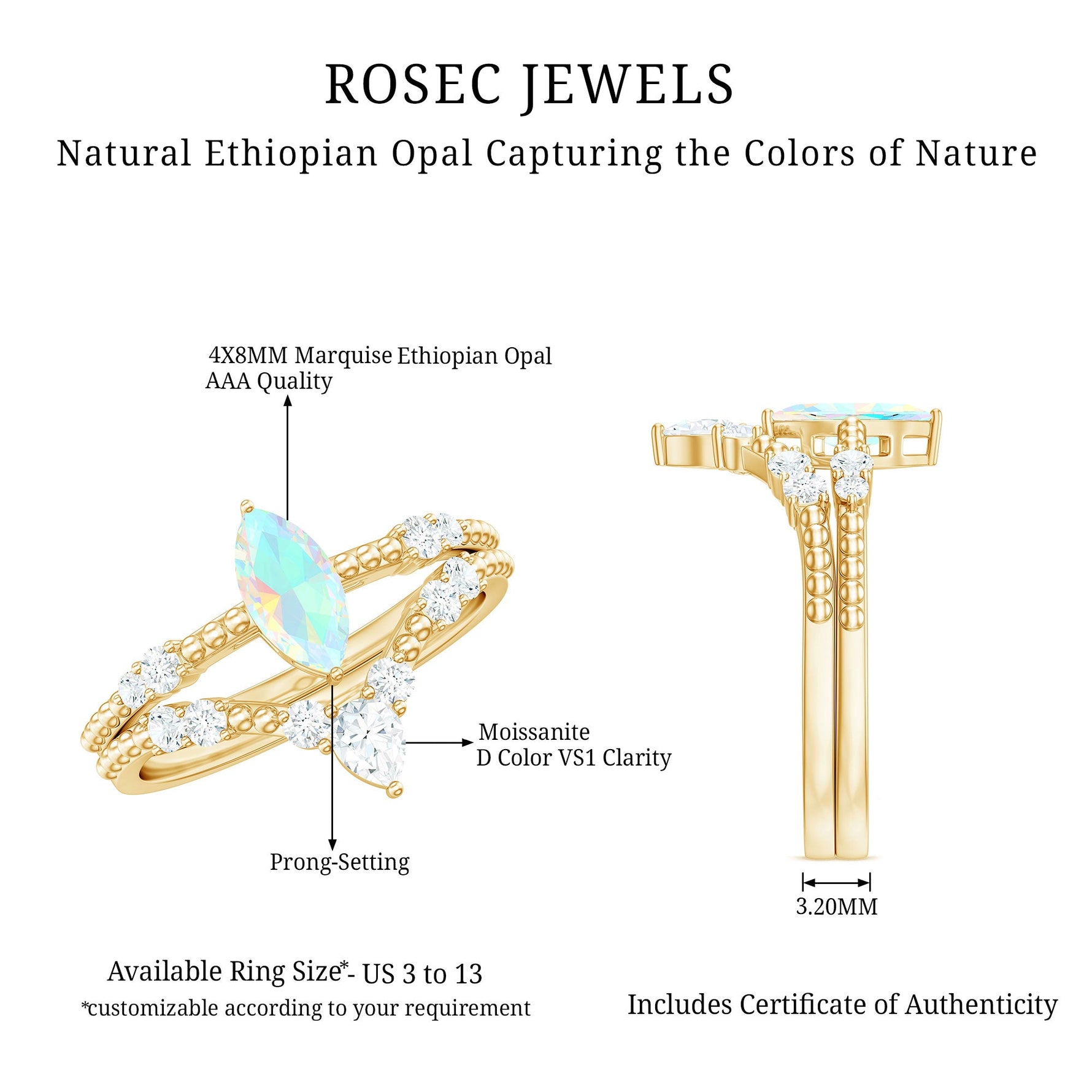 Certified Real Ethiopian Opal Marquise Engagement Wedding Ring Set of 2