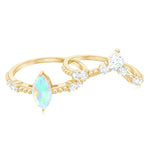 Certified Real Ethiopian Opal Marquise Engagement Wedding Ring Set of 2
