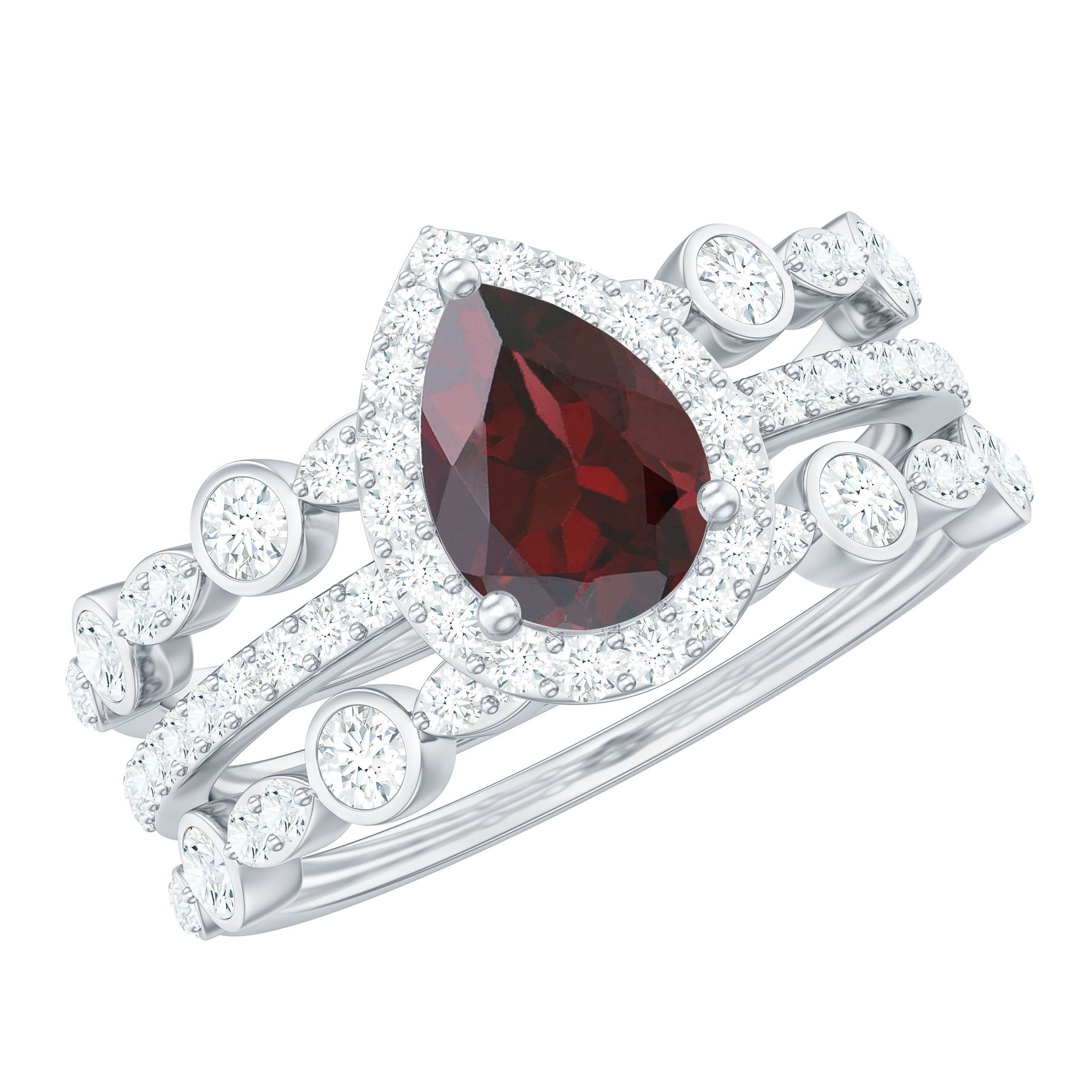 Real 5X7mm Pear Shape Garnet 3 Piece Wedding Ring Set