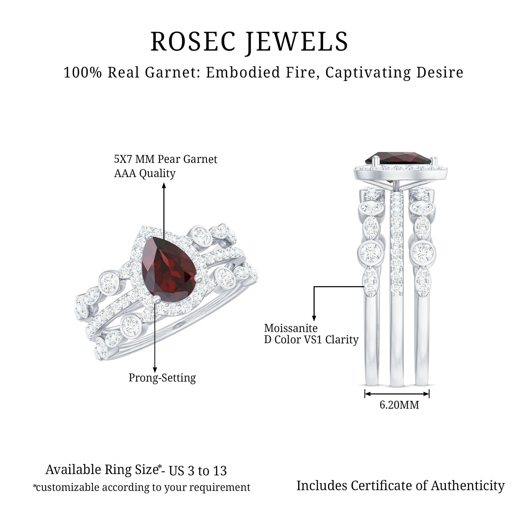 Real 5X7mm Pear Shape Garnet 3 Piece Wedding Ring Set