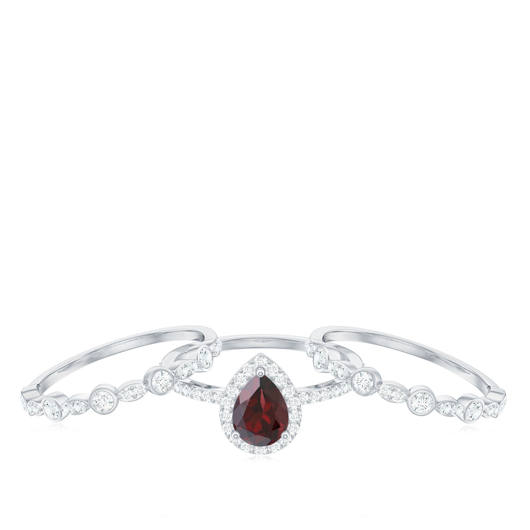 Real 5X7mm Pear Shape Garnet 3 Piece Wedding Ring Set