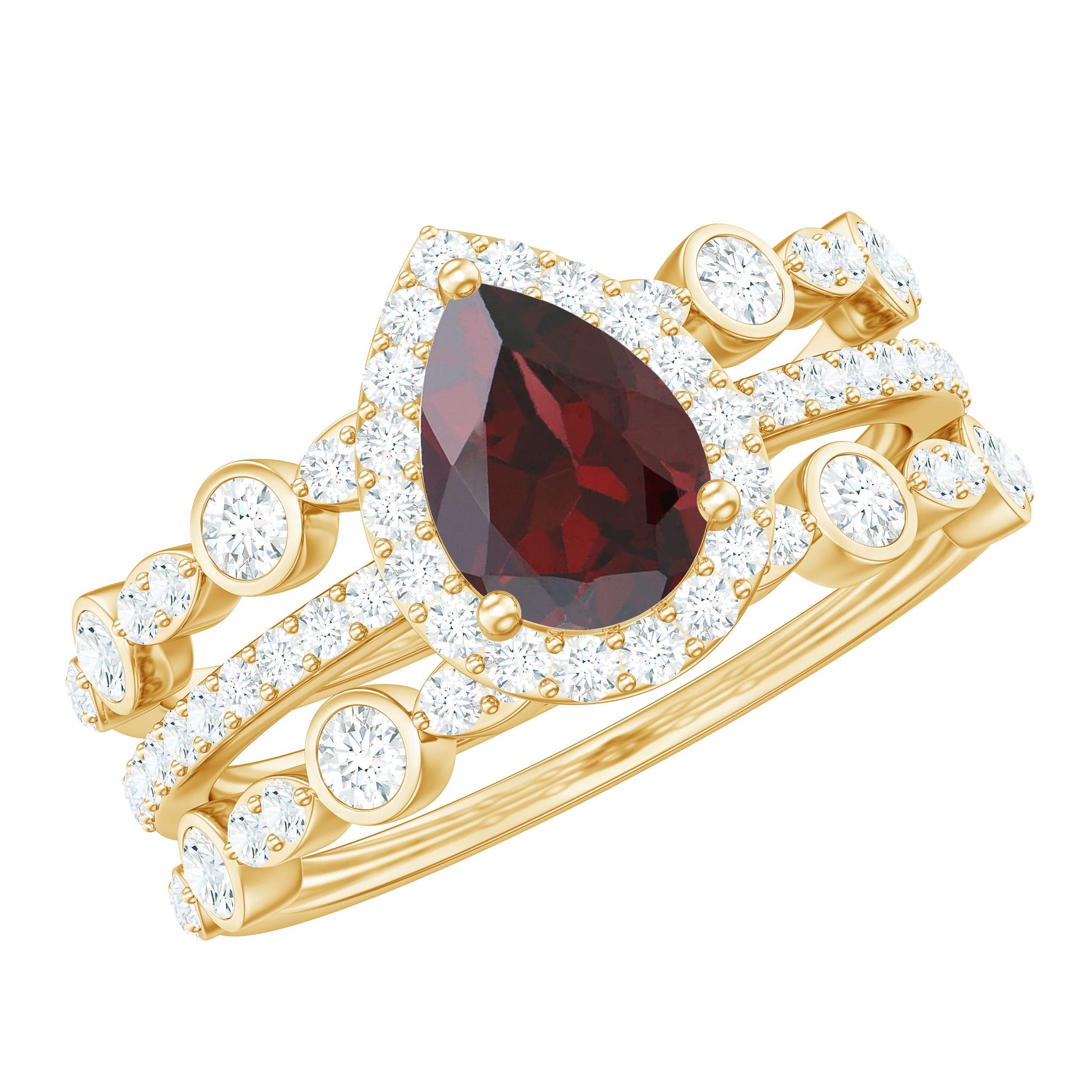 Real 5X7mm Pear Shape Garnet 3 Piece Wedding Ring Set