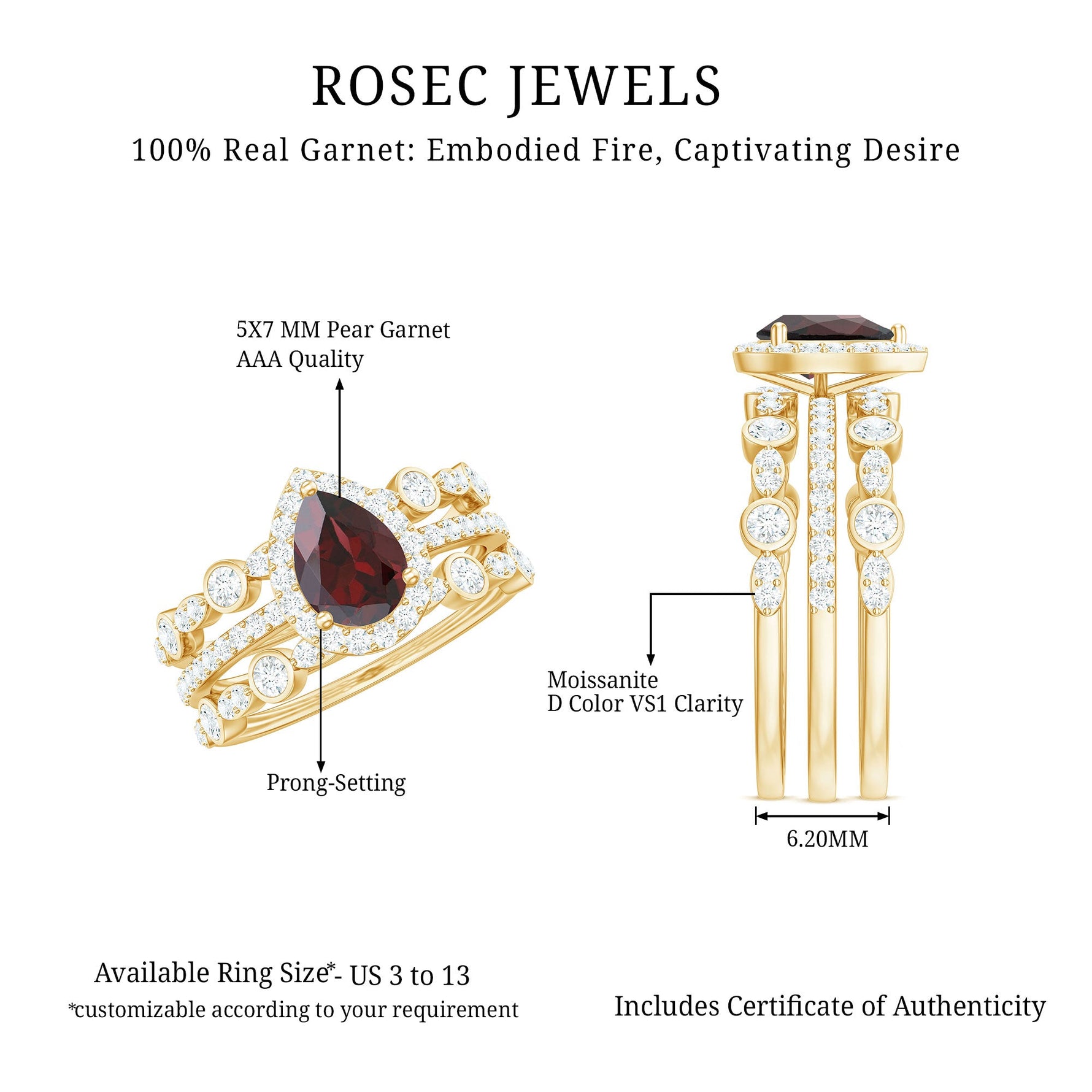 Real 5X7mm Pear Shape Garnet 3 Piece Wedding Ring Set