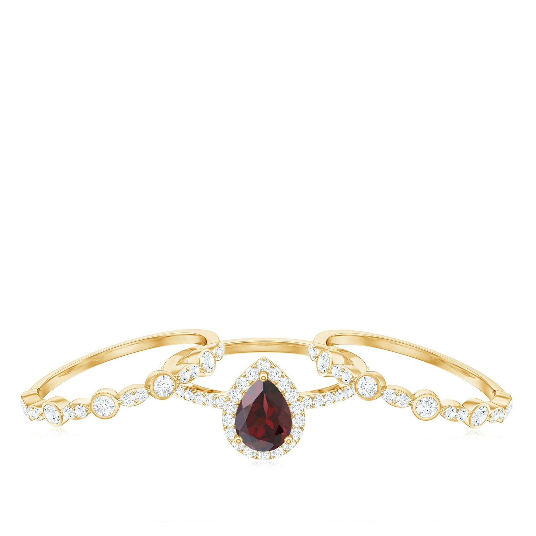 Real 5X7mm Pear Shape Garnet 3 Piece Wedding Ring Set