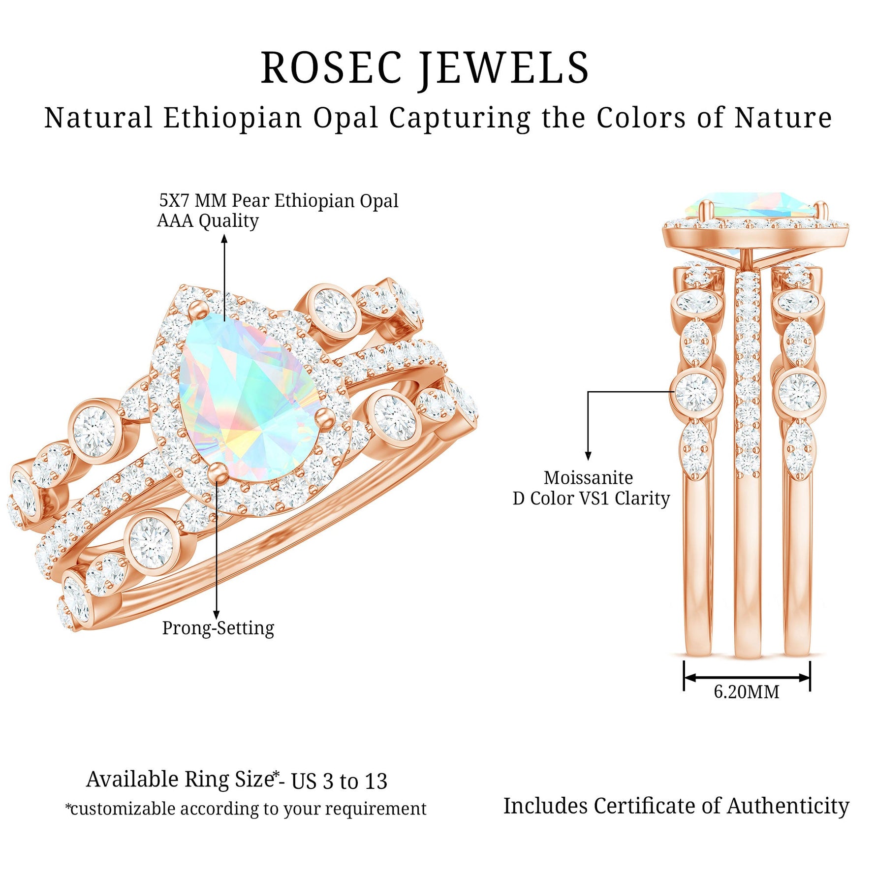 Genuine Vintage Style Opalescent Teardrop Engagement Wedding Ring Set of 3