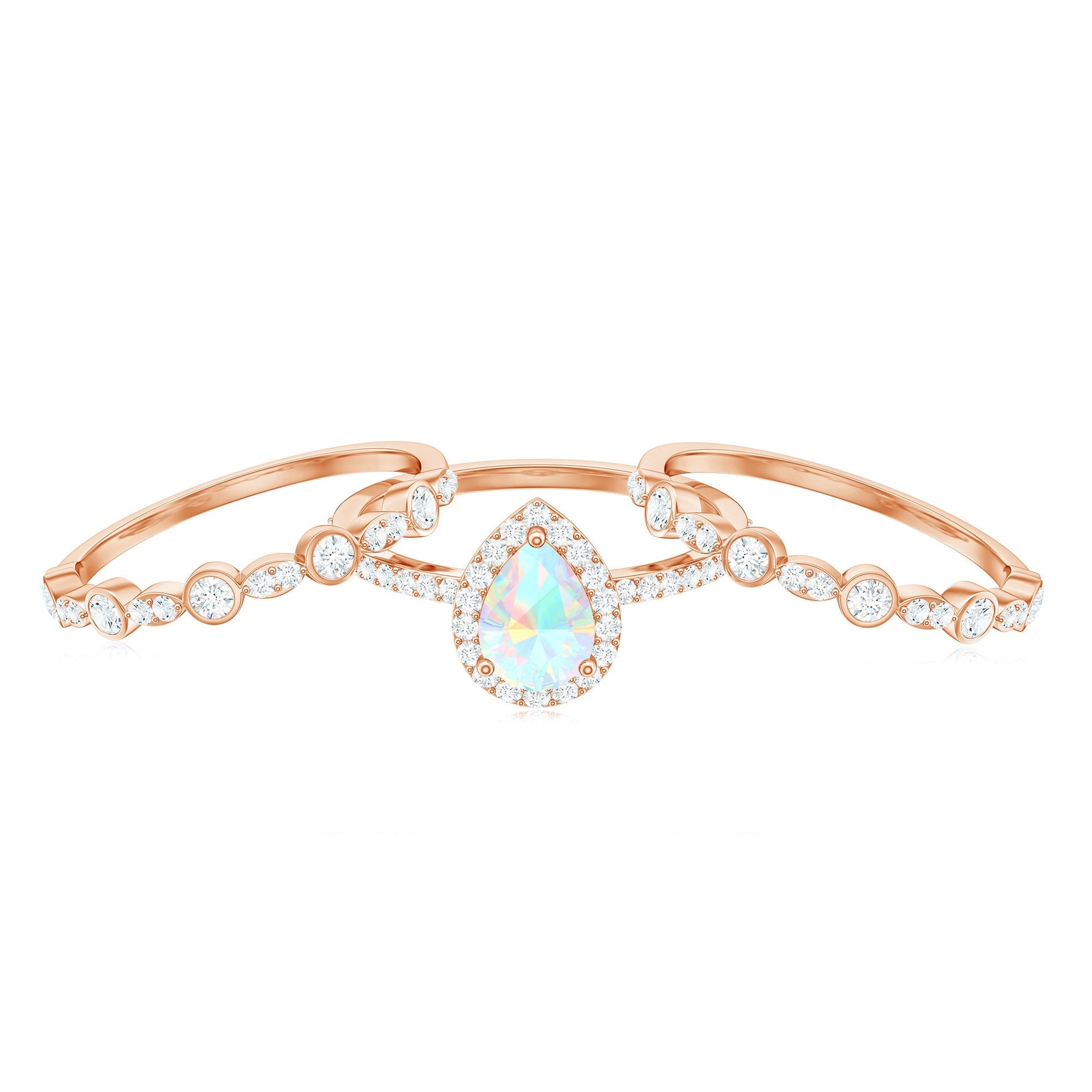 Genuine Vintage Style Opalescent Teardrop Engagement Wedding Ring Set of 3