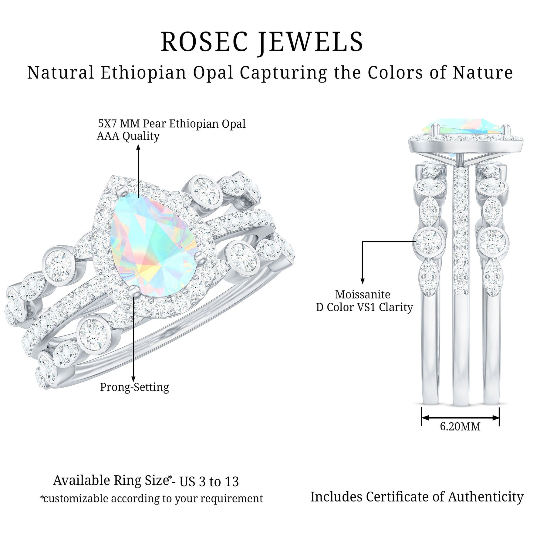 Genuine Vintage Style Opalescent Teardrop Engagement Wedding Ring Set of 3