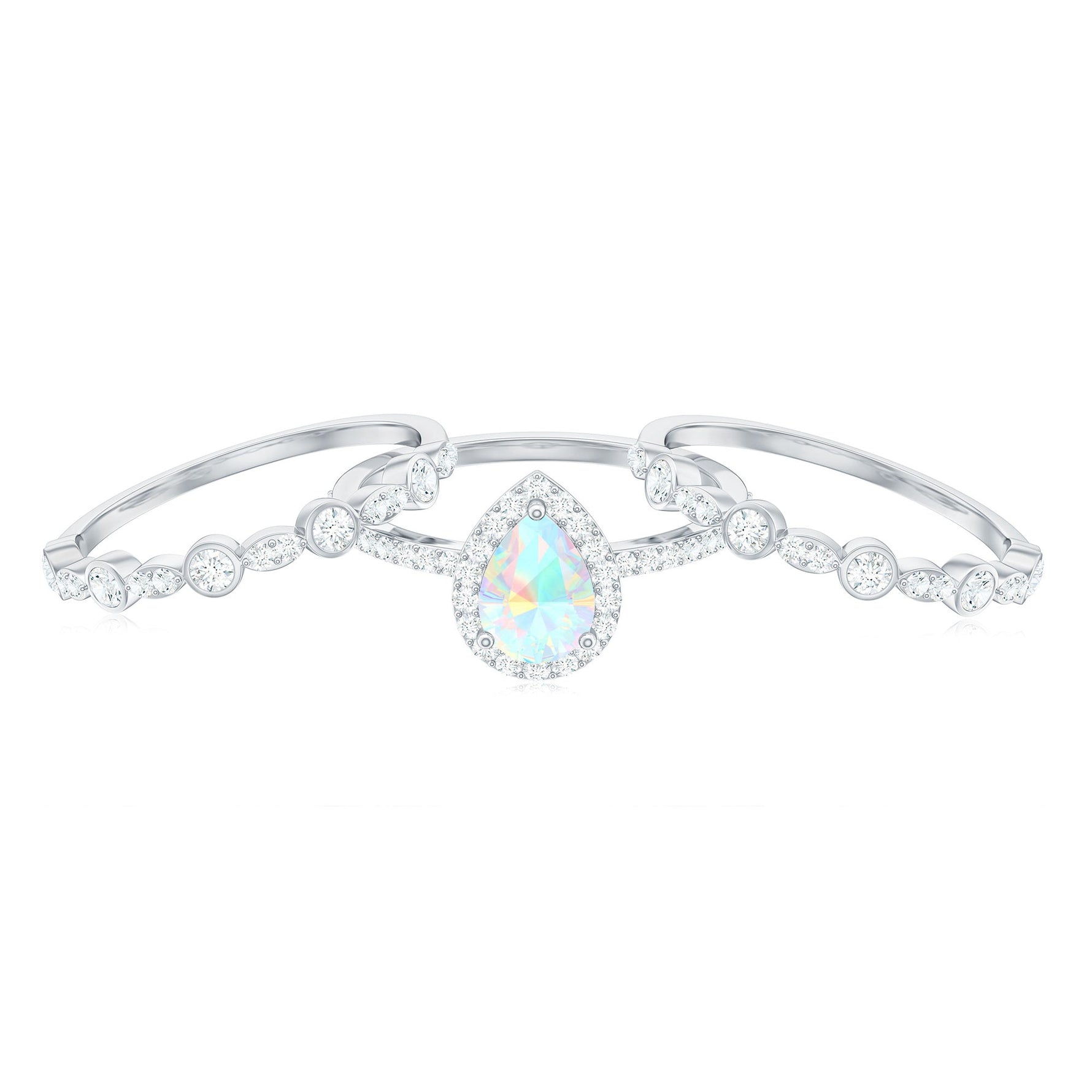 Genuine Vintage Style Opalescent Teardrop Engagement Wedding Ring Set of 3