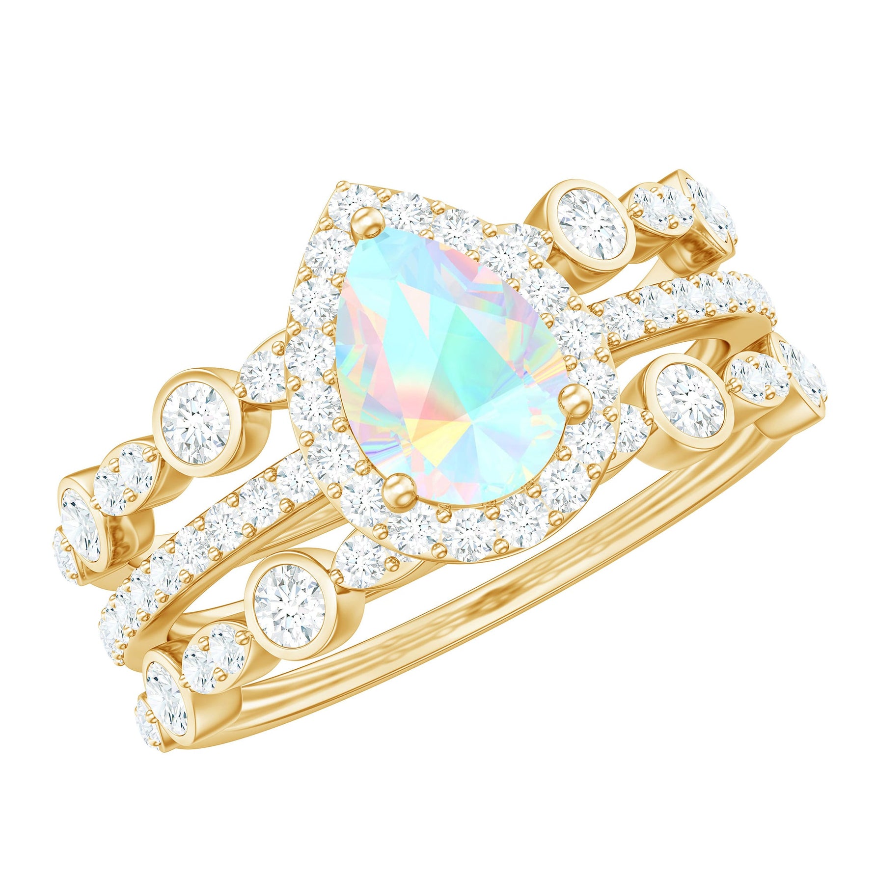 Genuine Vintage Style Opalescent Teardrop Engagement Wedding Ring Set of 3