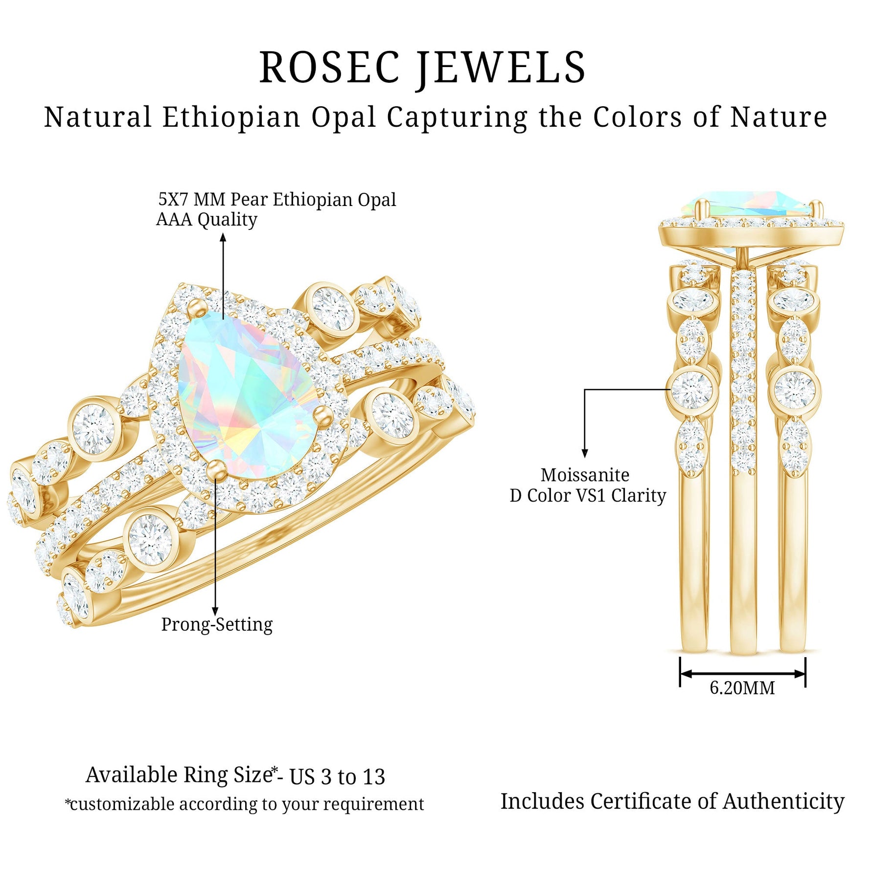 Genuine Vintage Style Opalescent Teardrop Engagement Wedding Ring Set of 3