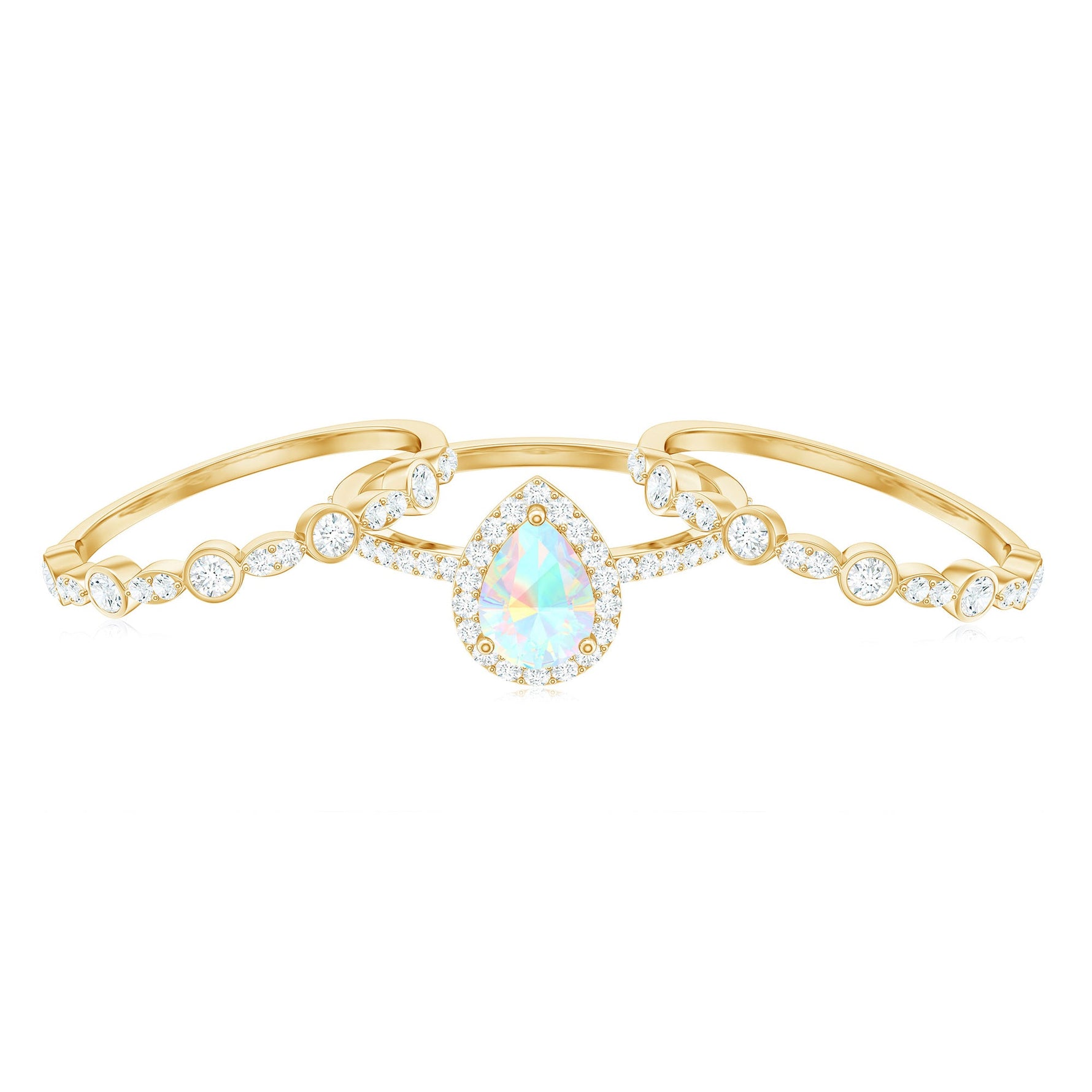 Genuine Vintage Style Opalescent Teardrop Engagement Wedding Ring Set of 3