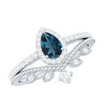 Vintage Style London Blue Topaz and Diamond Teardrop Wedding Ring Set