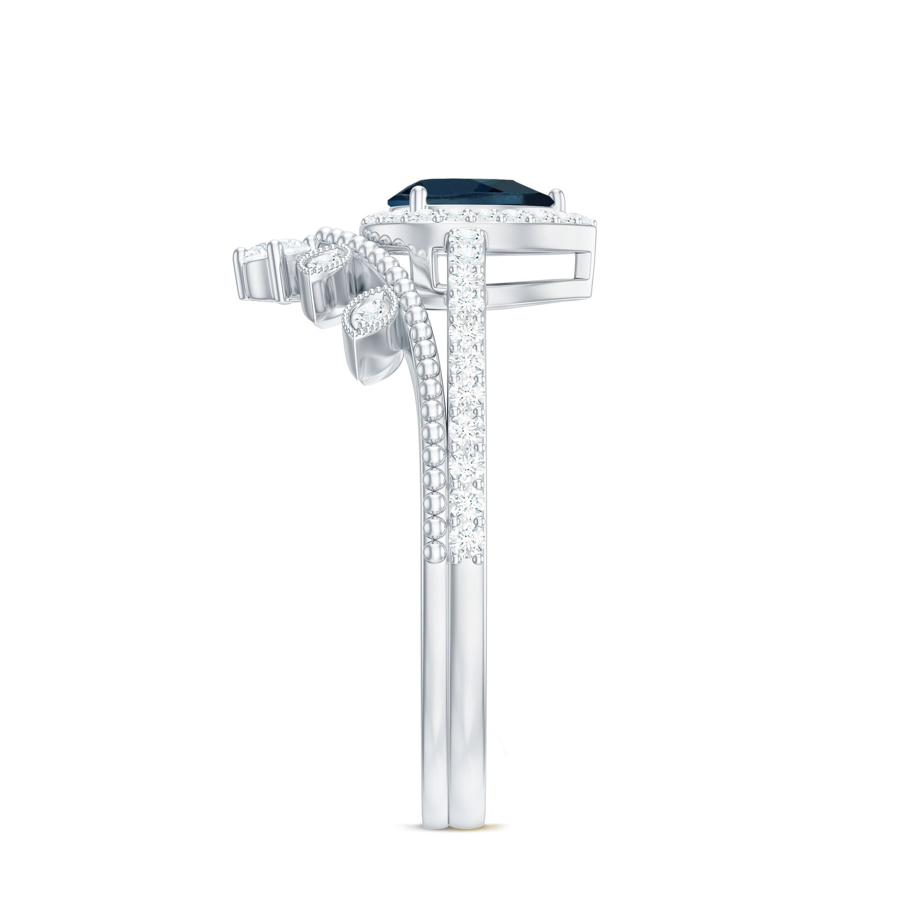 Vintage Style London Blue Topaz and Diamond Teardrop Wedding Ring Set