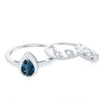 Vintage Style London Blue Topaz and Diamond Teardrop Wedding Ring Set