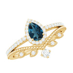 Vintage Style London Blue Topaz and Diamond Teardrop Wedding Ring Set