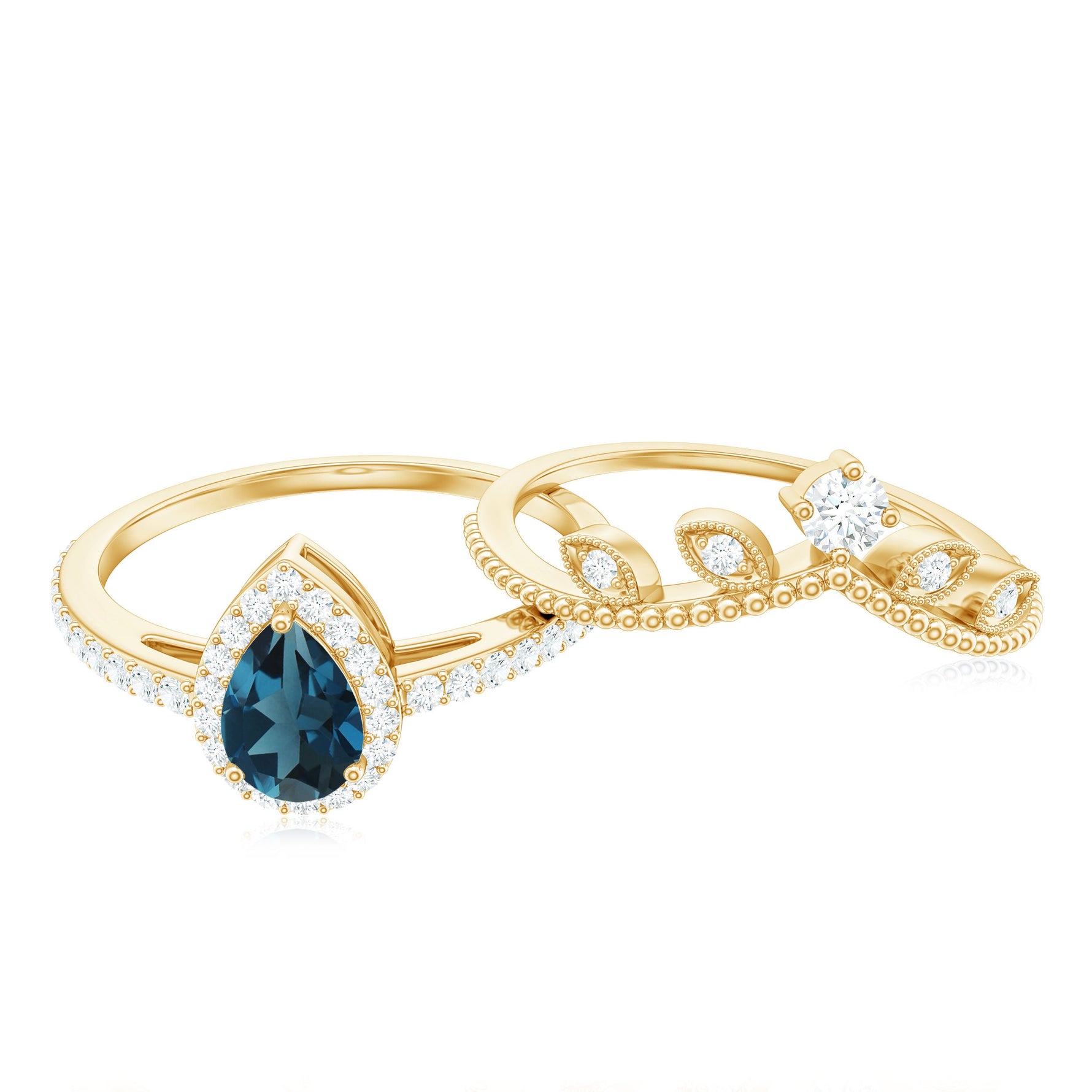 Vintage Style London Blue Topaz and Diamond Teardrop Wedding Ring Set