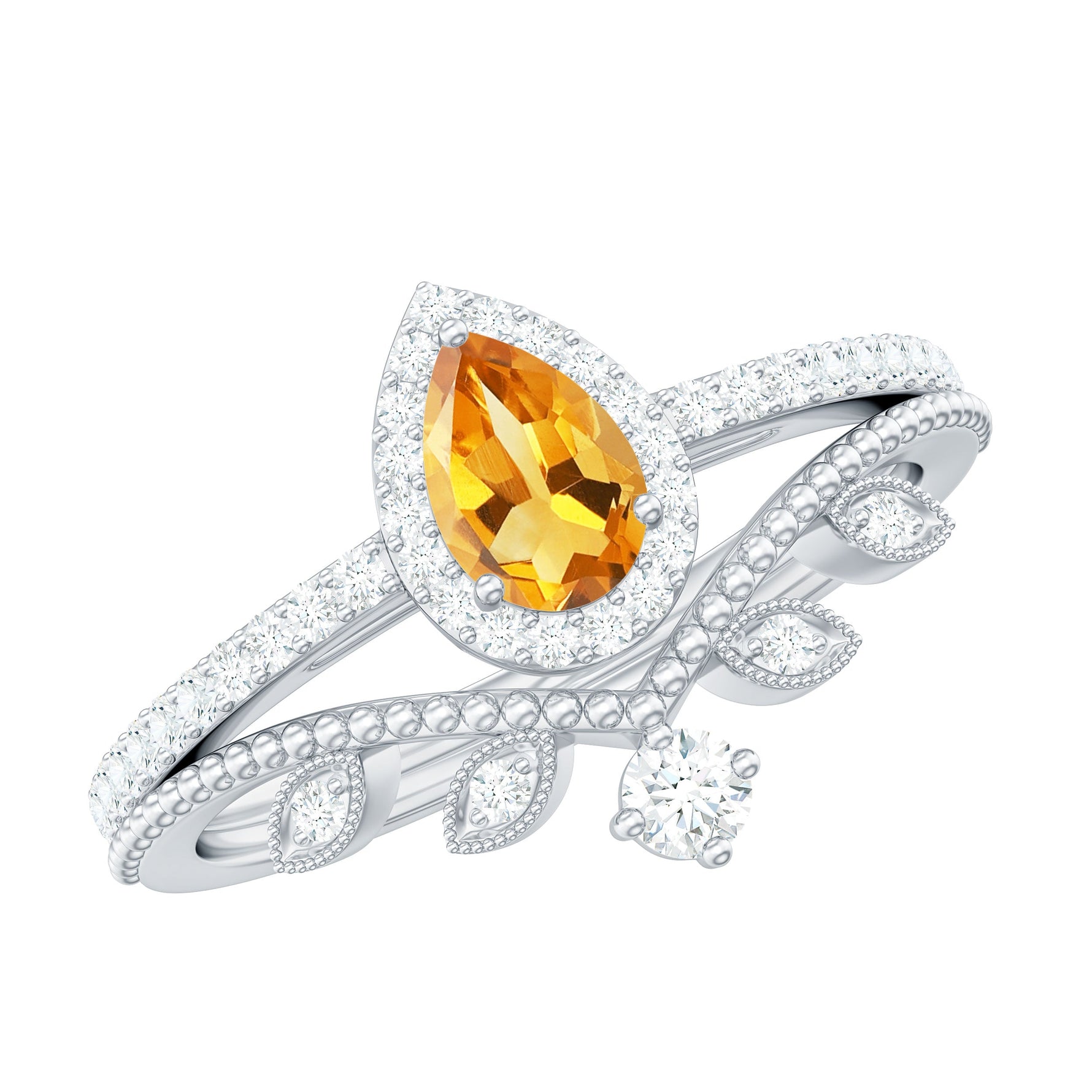 Citrine Vintage Teardrop Wedding Ring Set with Moissanite