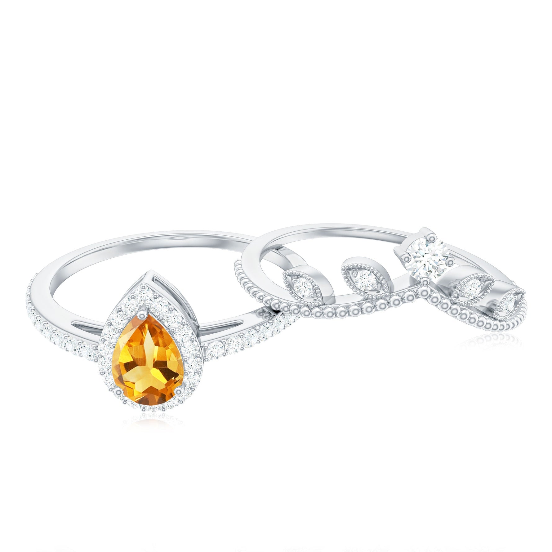 Citrine Vintage Teardrop Wedding Ring Set with Moissanite
