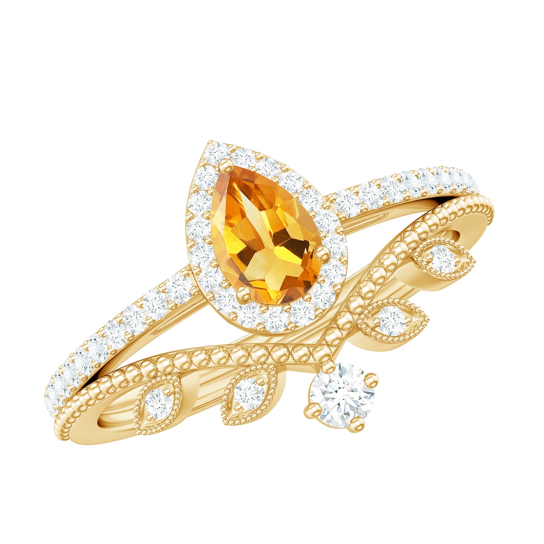 Citrine Vintage Teardrop Wedding Ring Set with Moissanite