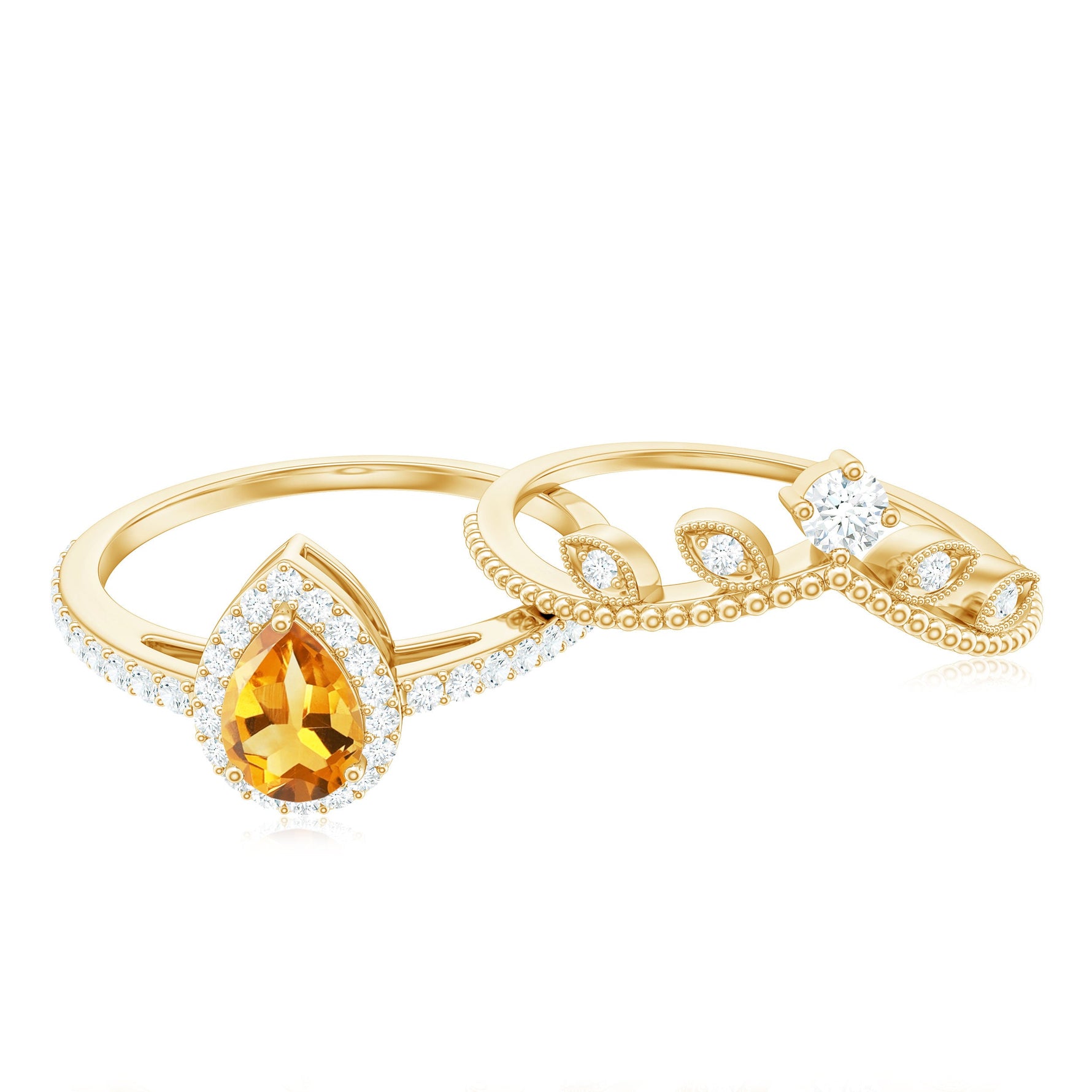 Citrine Vintage Teardrop Wedding Ring Set with Moissanite