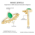 Vintage Looking Emerald Diamond Designer Engagement Wedding Ring Set