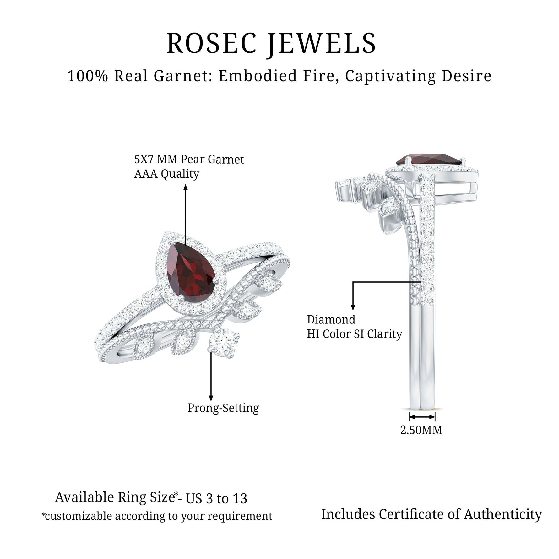 Natural Garnet Diamond Vintage Wedding Bridal Ring Set