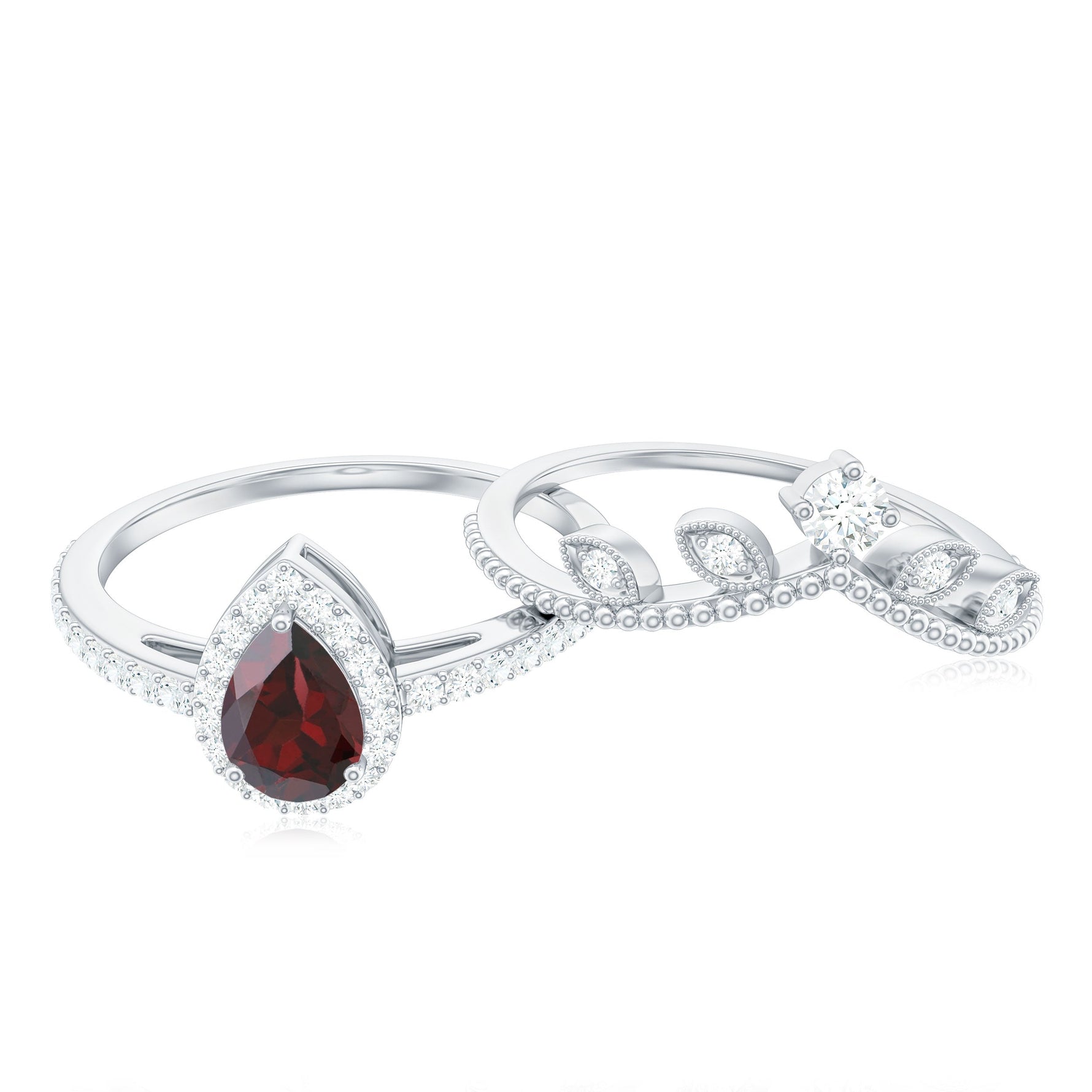 Natural Garnet Diamond Vintage Wedding Bridal Ring Set