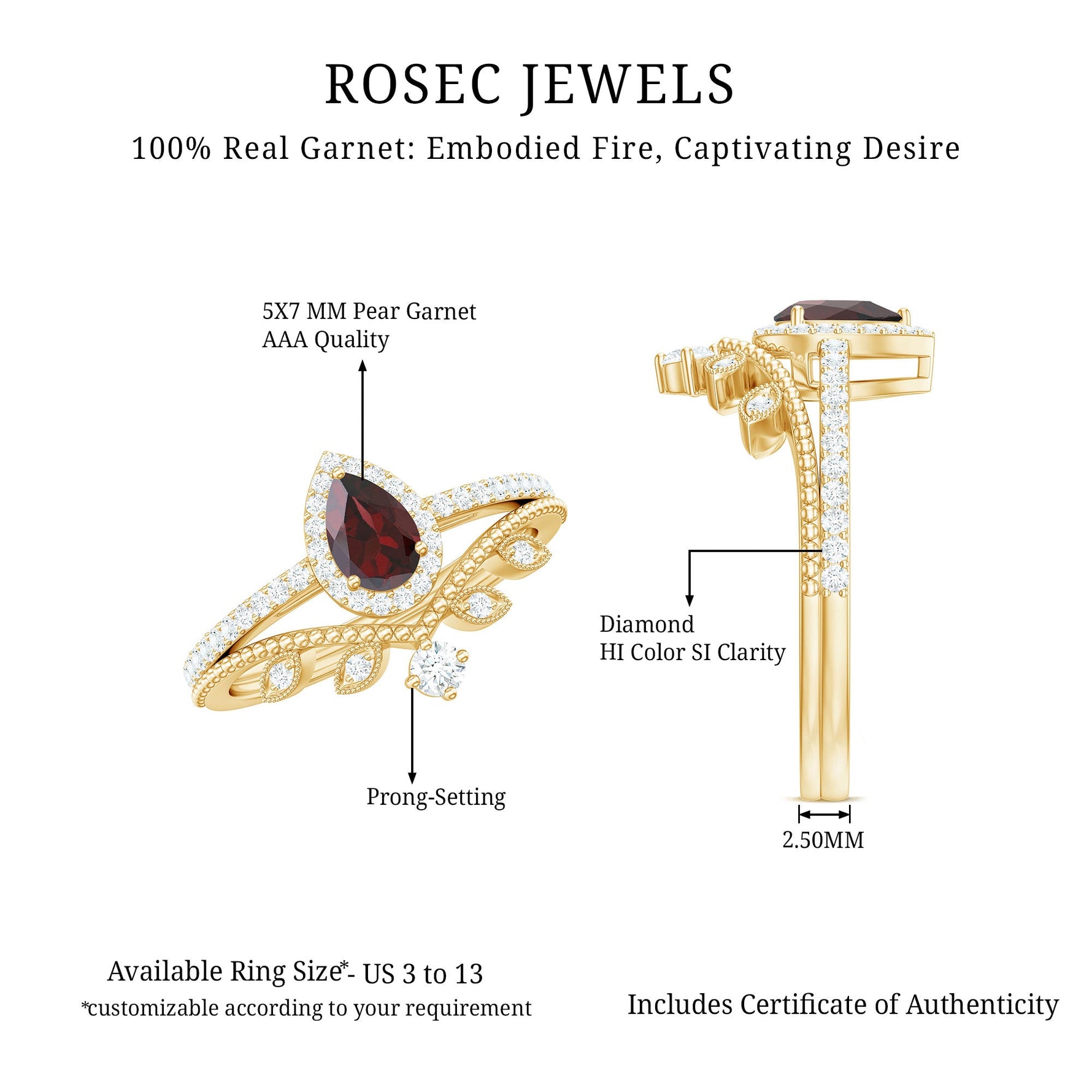 Natural Garnet Diamond Vintage Wedding Bridal Ring Set