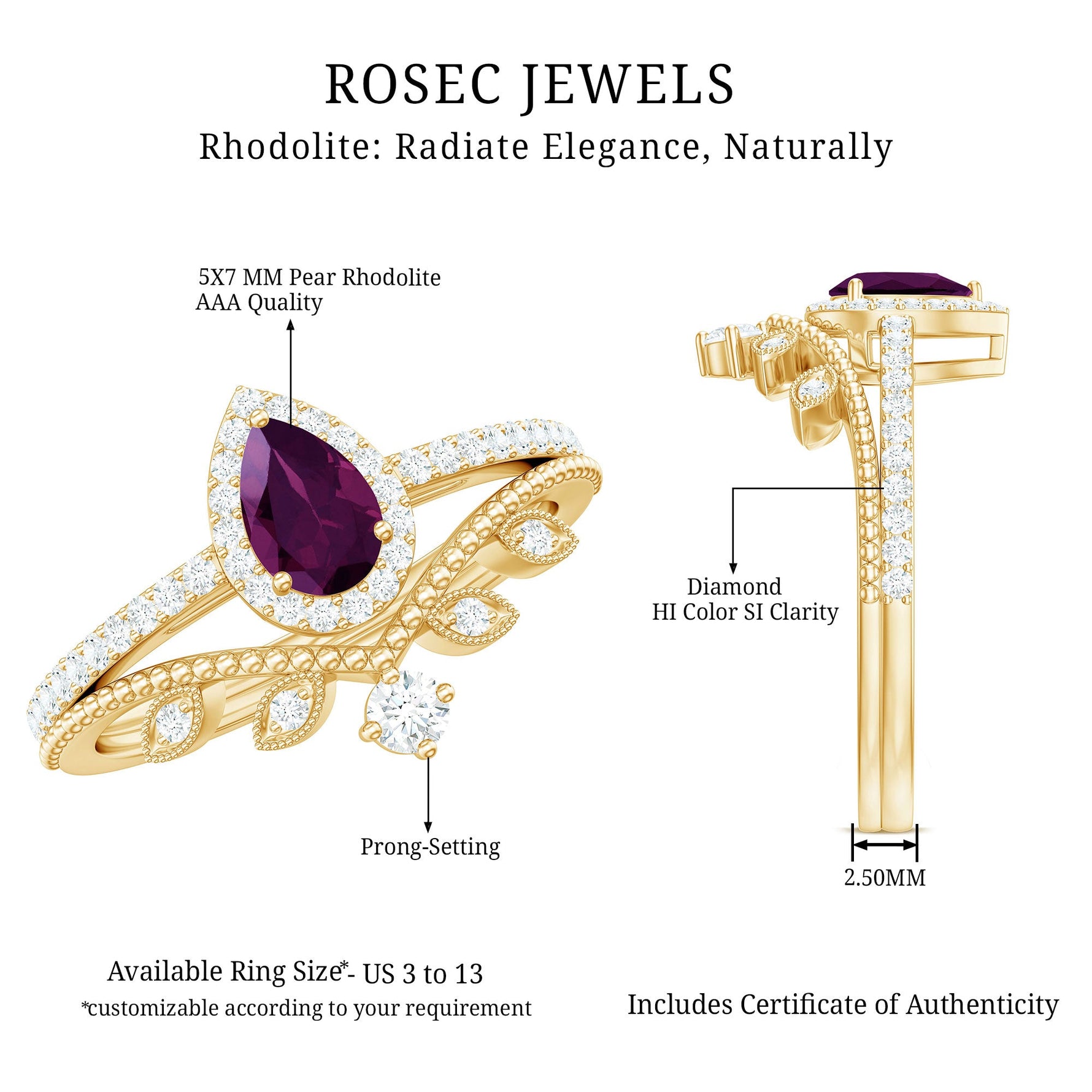 1.5 CT Vintage Inspired Rhodolite Teardrop Wedding Ring Set with Diamond