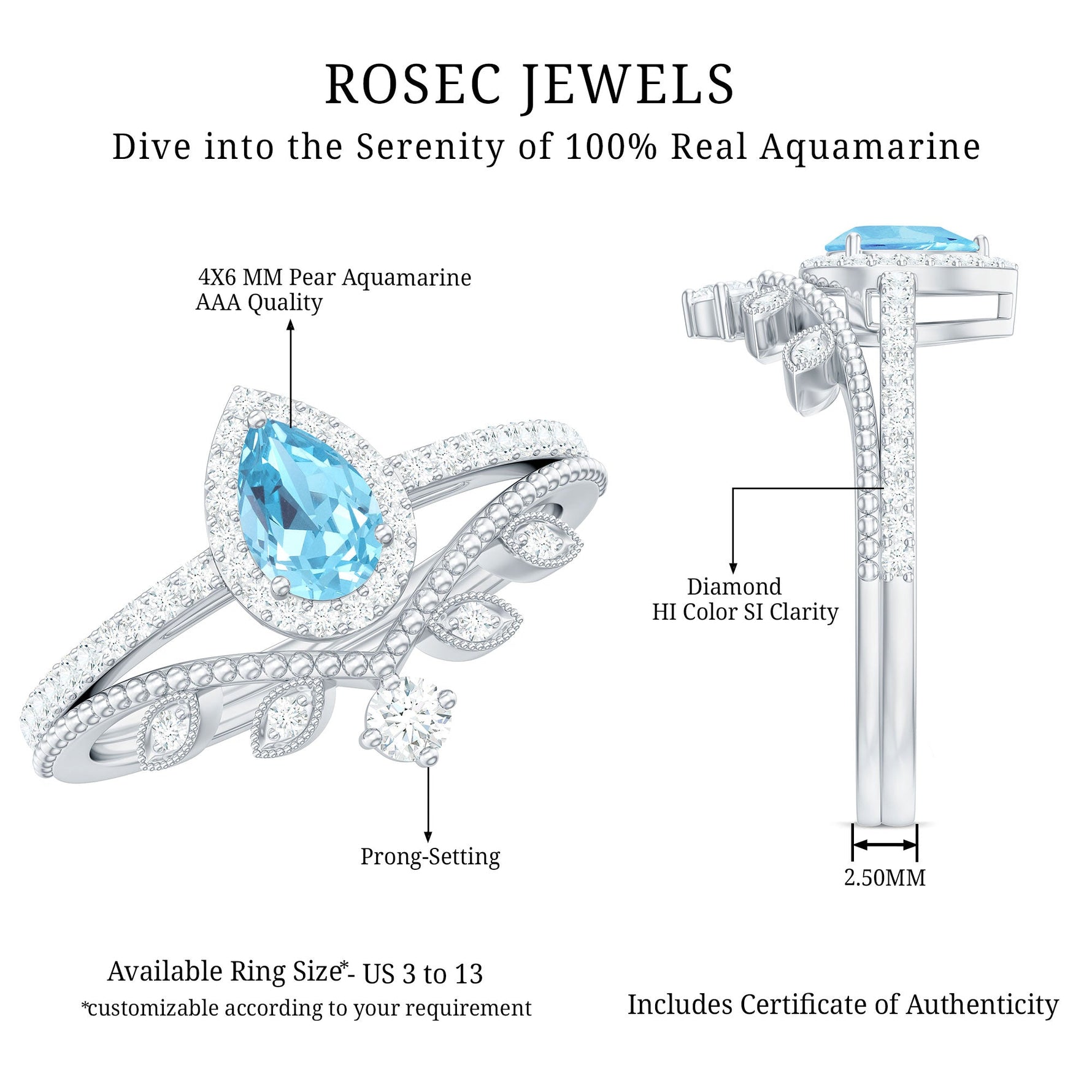 Aquamarine Vintage Teardrop Wedding Ring Set with Diamond