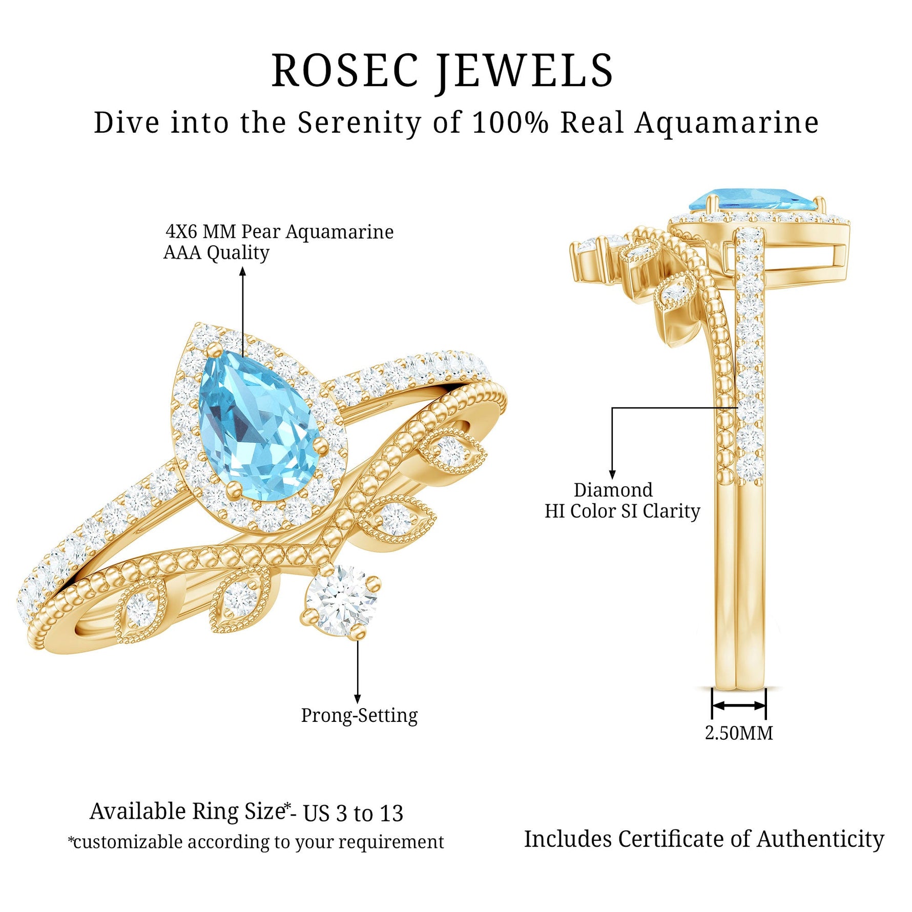 Aquamarine Vintage Teardrop Wedding Ring Set with Diamond